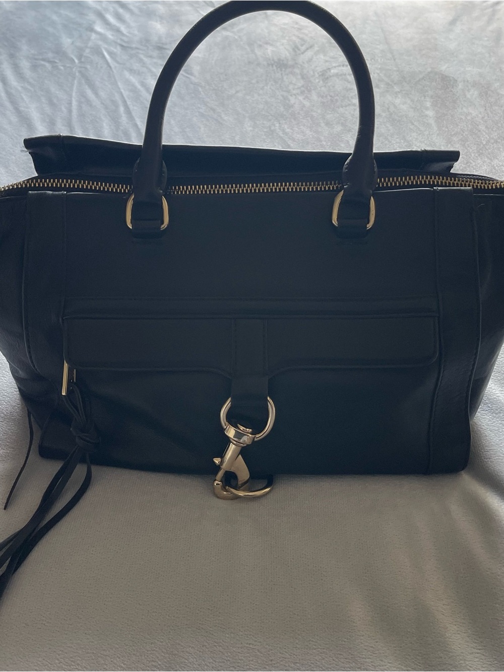 Rebecca Minkoff black leather gold hardware top handle satchel handbag